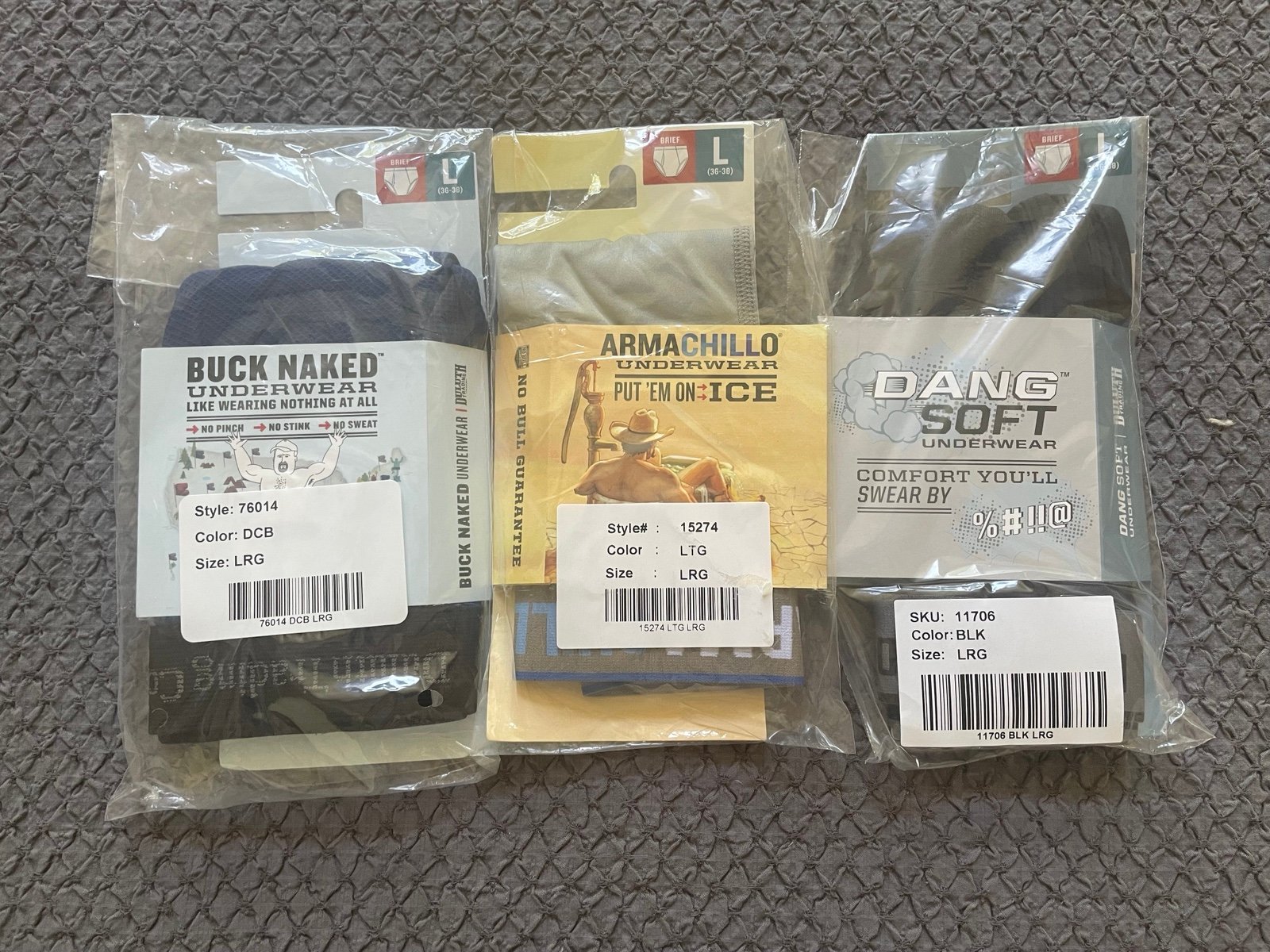 Duluth Trading mens briefs sz Large: Amachillo, Buck Naked & Dang Soft