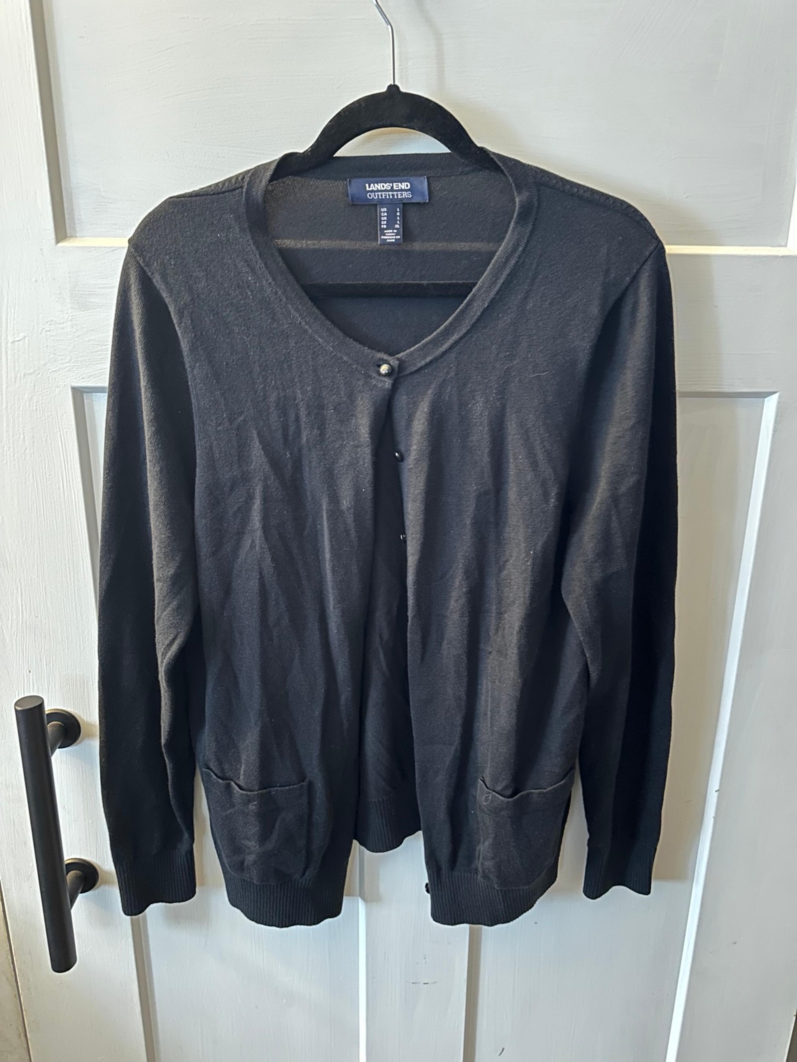 Lands End Womens Cardigan Sweater Button Scoop Neck Black Size XL Extra Large