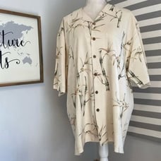 Joseph & Feiss Cream Foliage Leaf Print 100% Silk Button Up Shirt Size XXL
