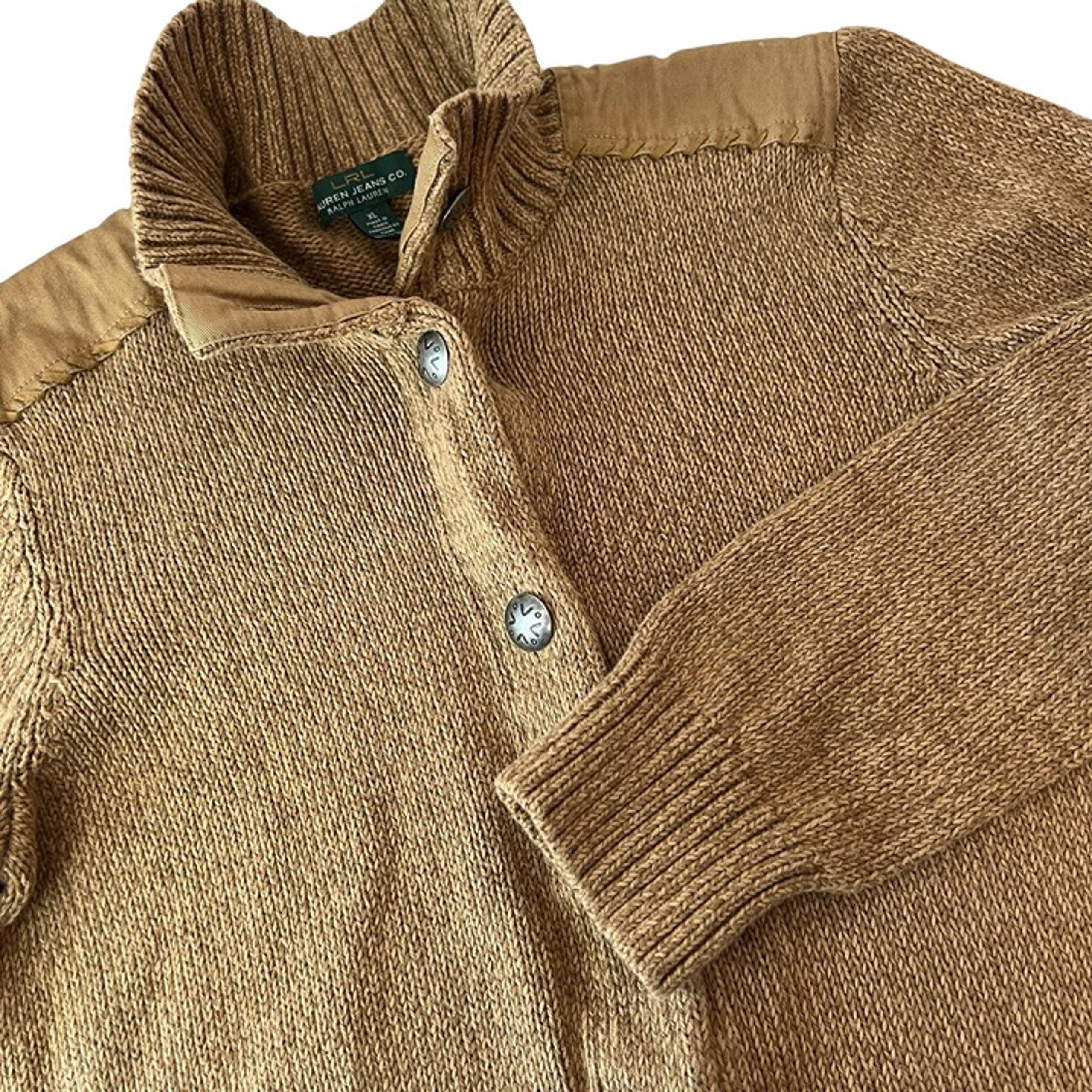 LRL Ralph Lauren Jeans Co Cashew Color Button Up Sweater Pockets Stitched XL