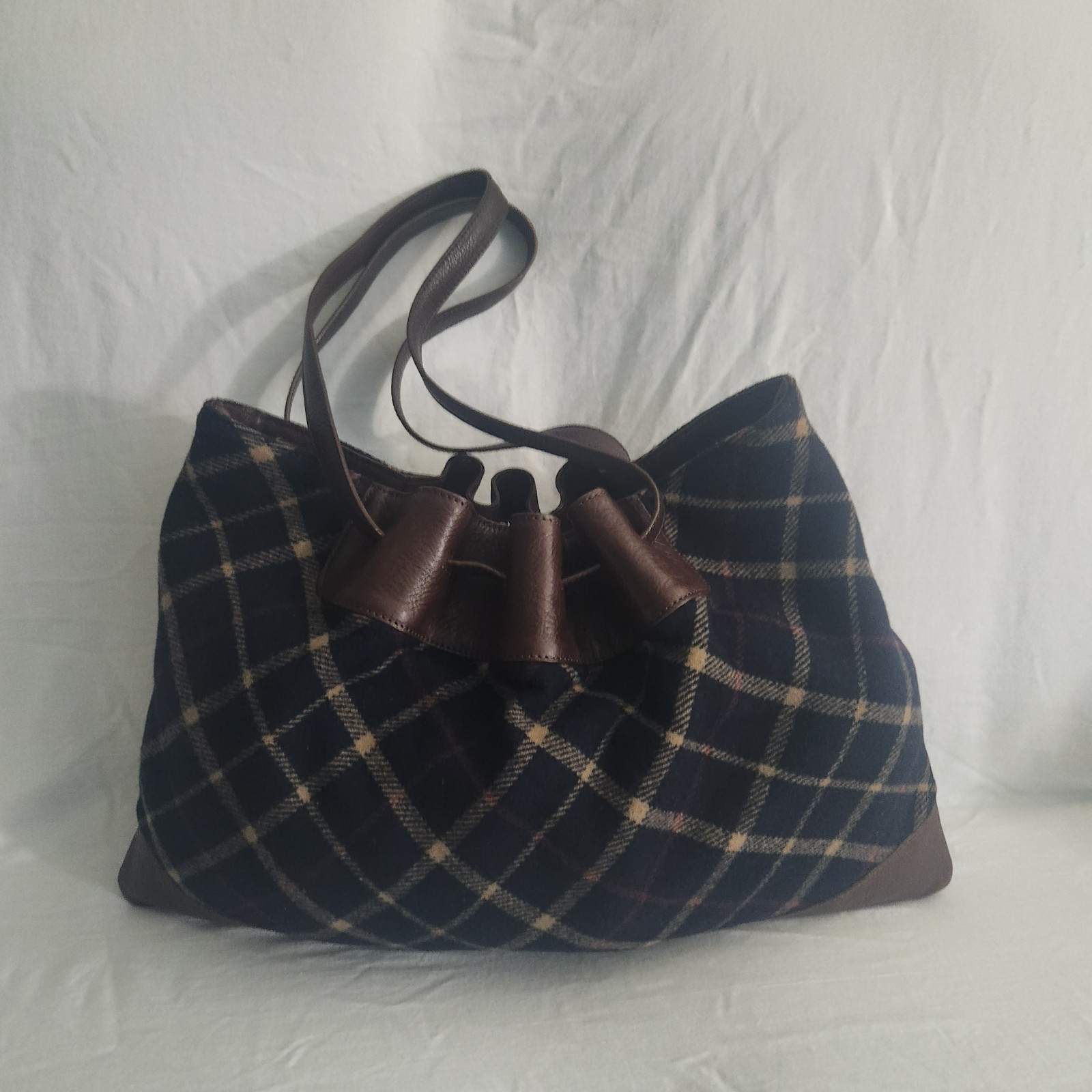 Brooks Brothers Tartan Plaid Tote Bag Wool Handbag Shoulder Bag Purse No Closure