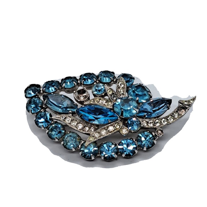 Eisenberg Ice Blue Paisley Leaf Brooch Costume READ DESCRIPTION