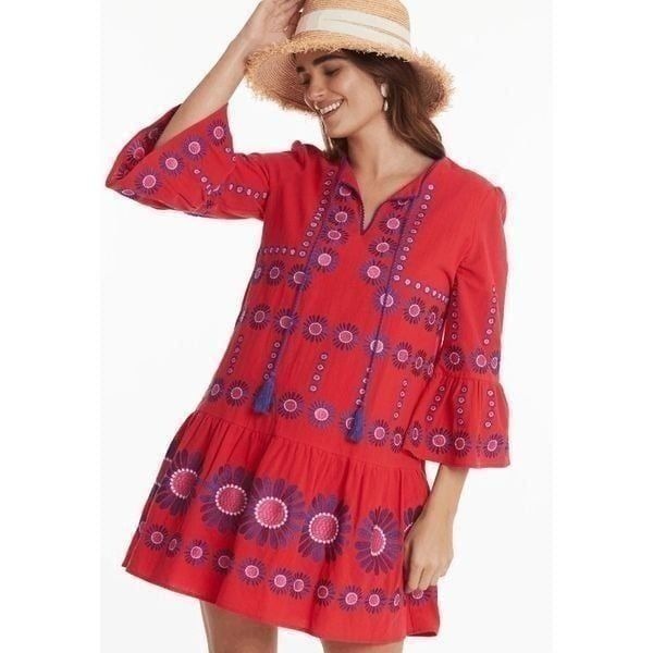 Tyler Boe 32308V Flame Holly V Neckline Embroidered Topper Dress with Tassel Tie