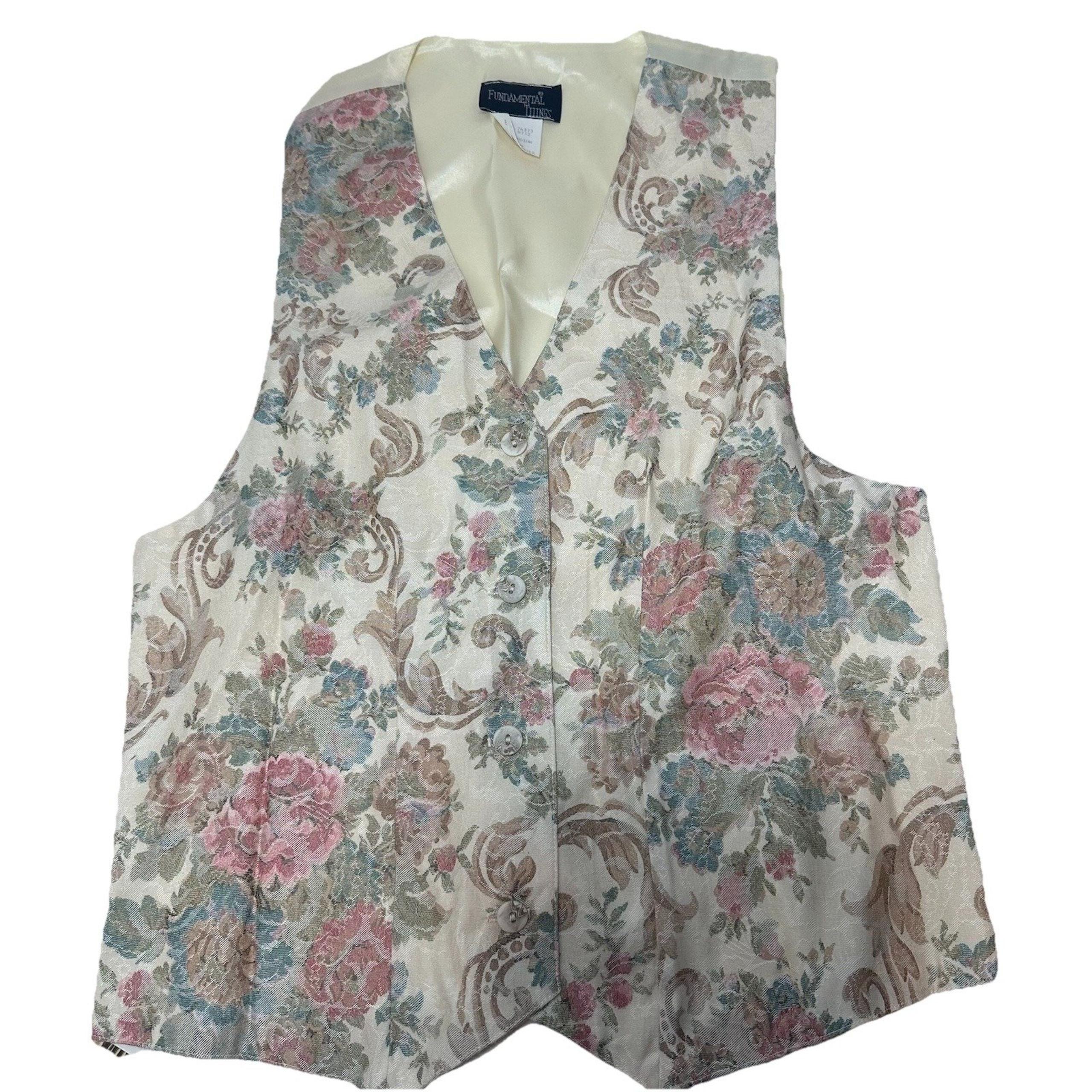 Fundamental Things Vest Cottage Core Floral Pastel Colors Medium Made In USA