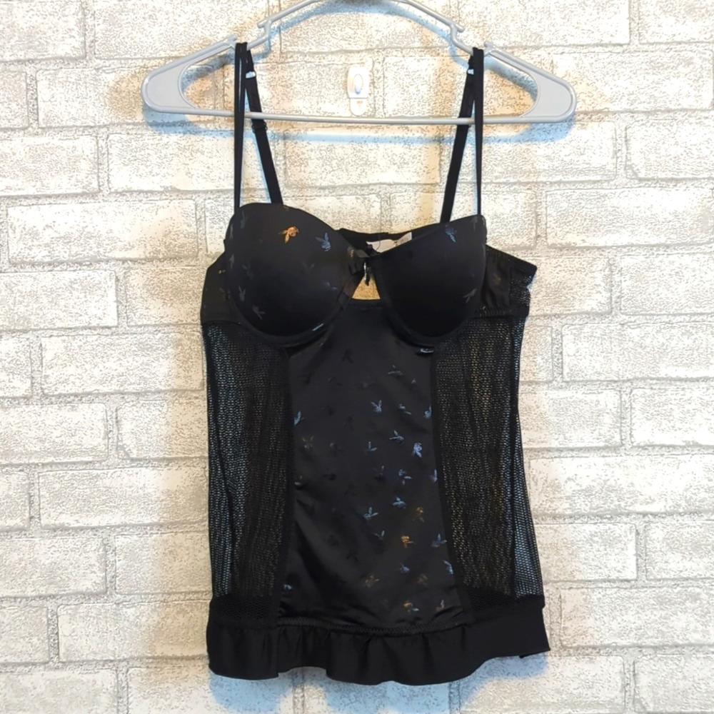 PLAYBOY Black Printed Corset-Style Lingerie Top - Size L
