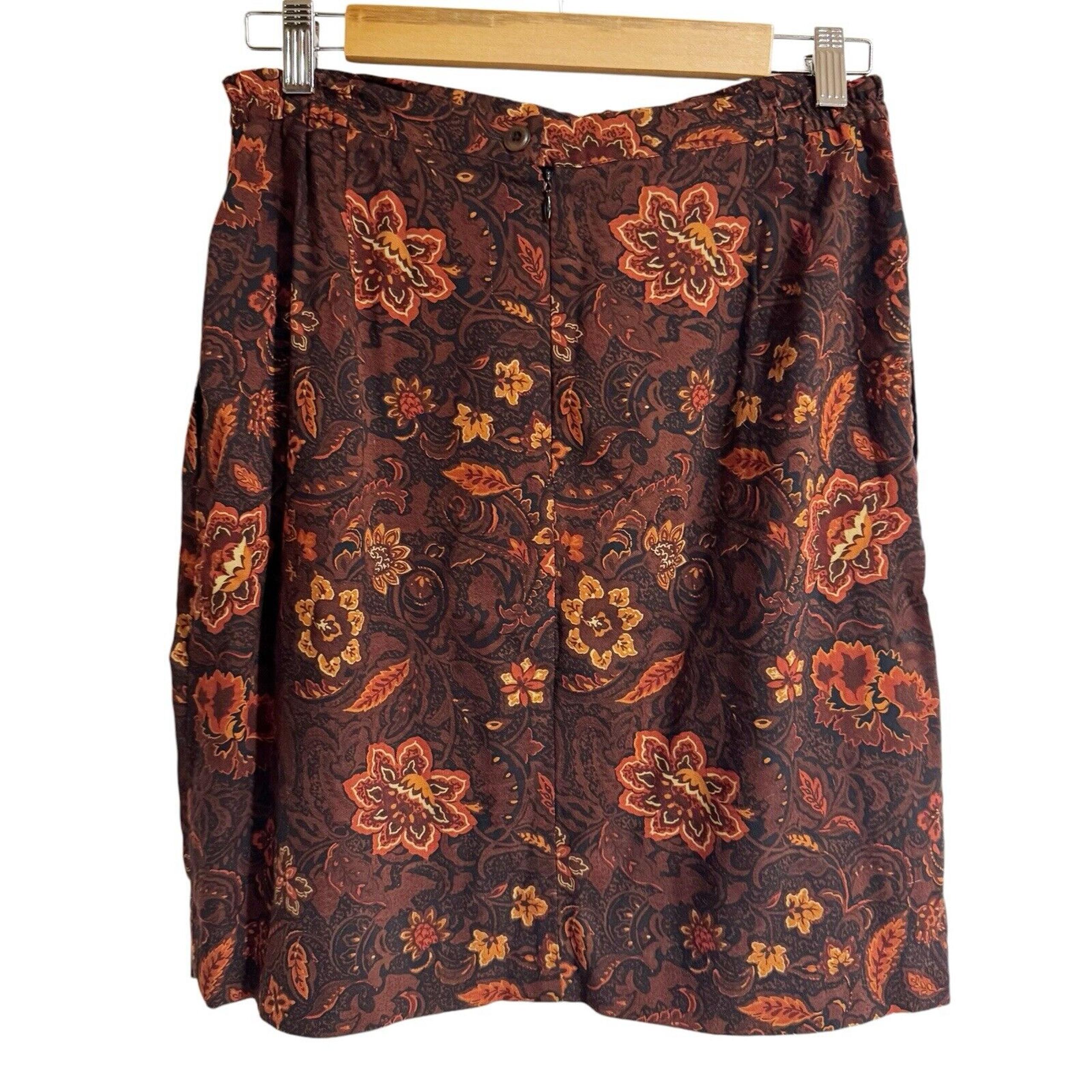Coldwater Creek Women Medium Floral Orange Brown Rayon Mini Skirt Autumn