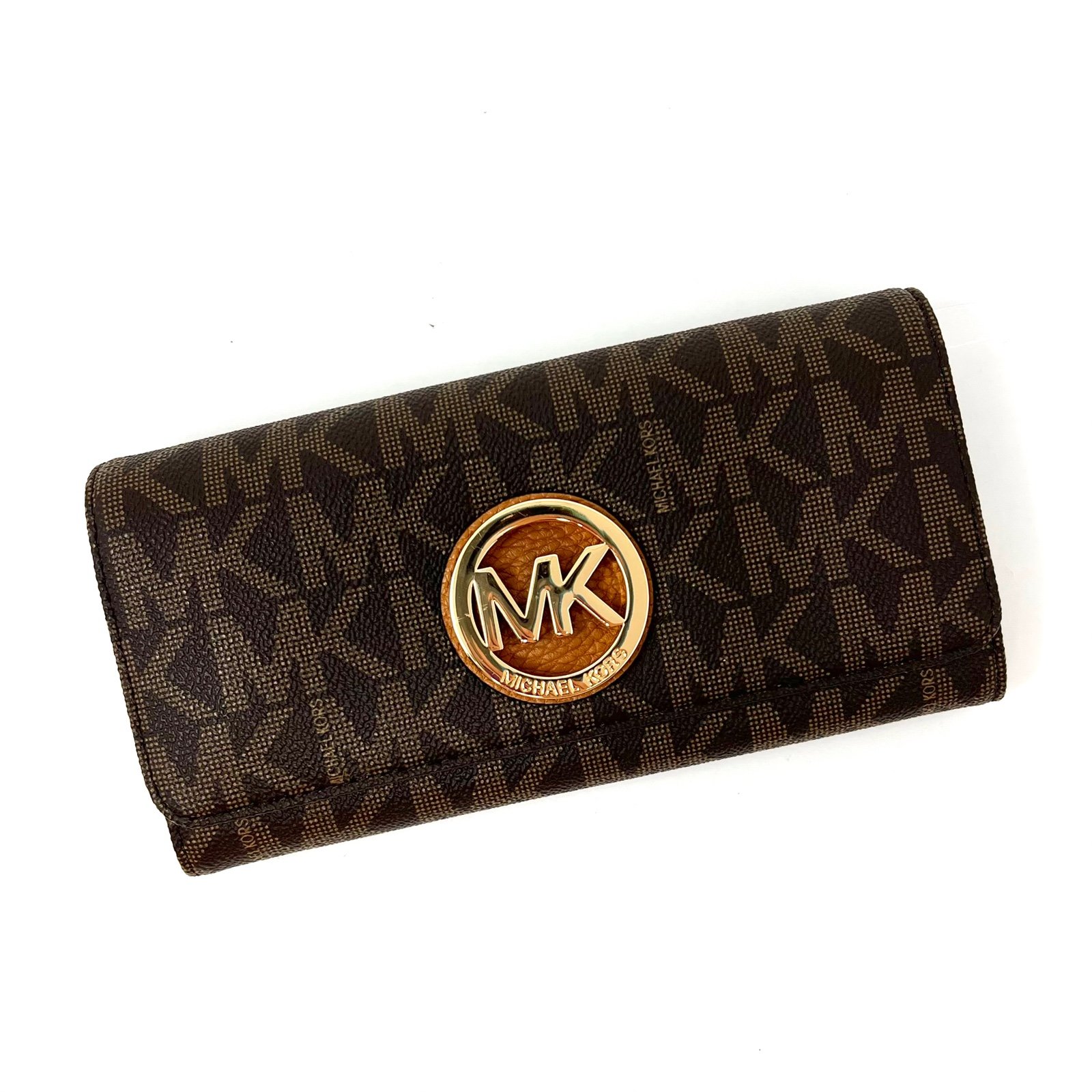 NEW! Michael Kors Signature Logo Fulton PVC Brown Acorn Flap Continental Wallet