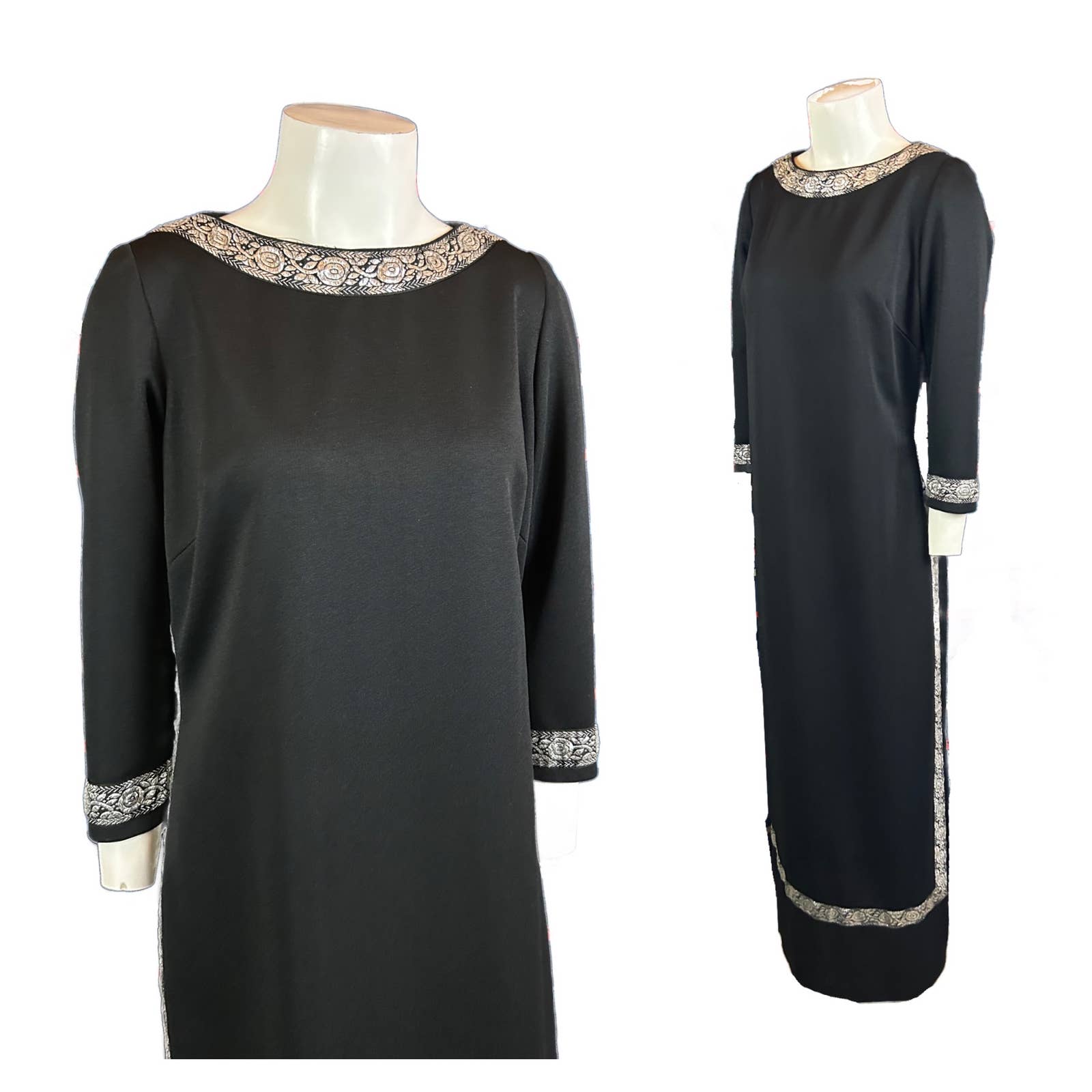 1970s Black Boho Metallic Egyptian Revival Trim Maxi Dress / Women’s Large *