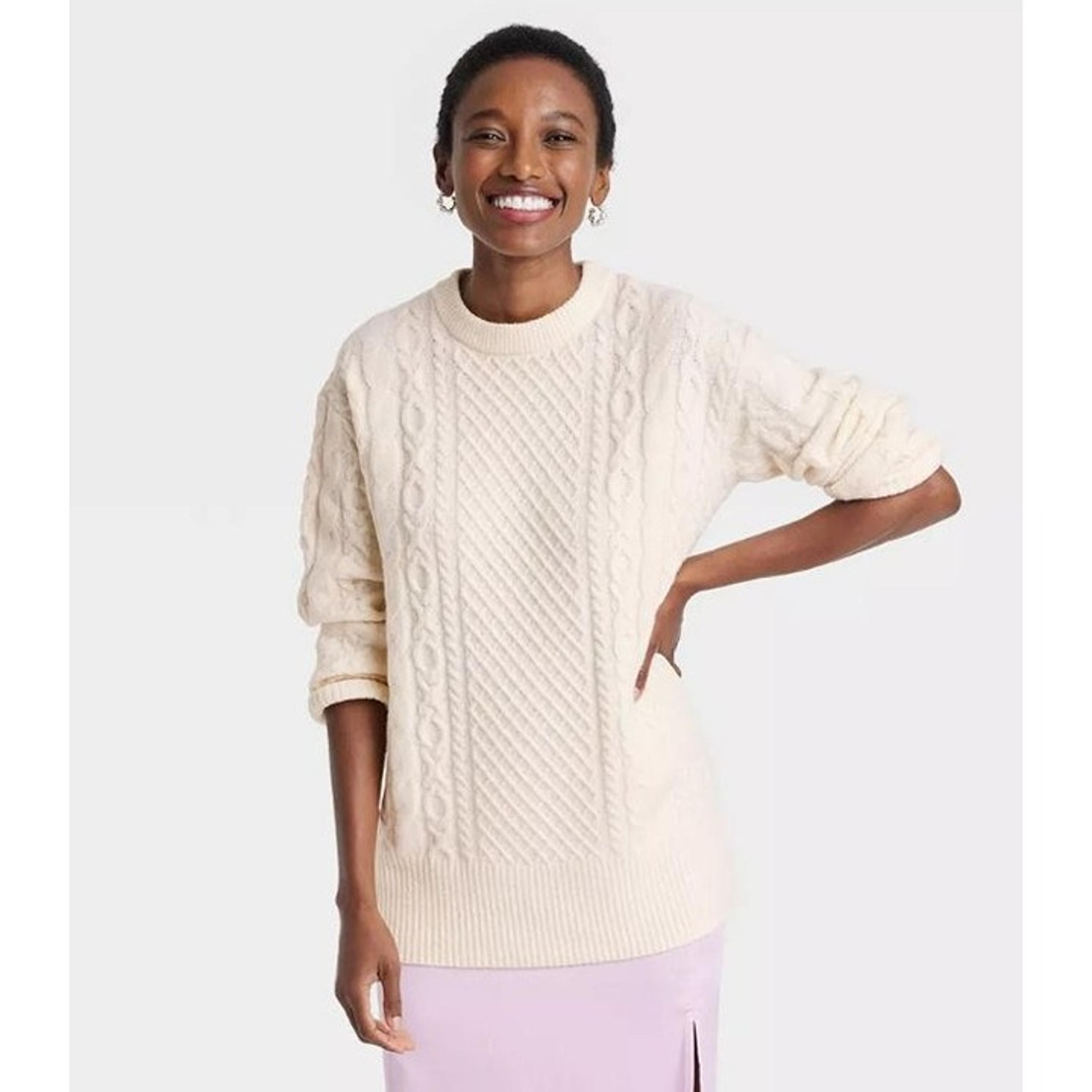 A New Day Women's Crewneck Tunic Pullover Sweater Cream Small