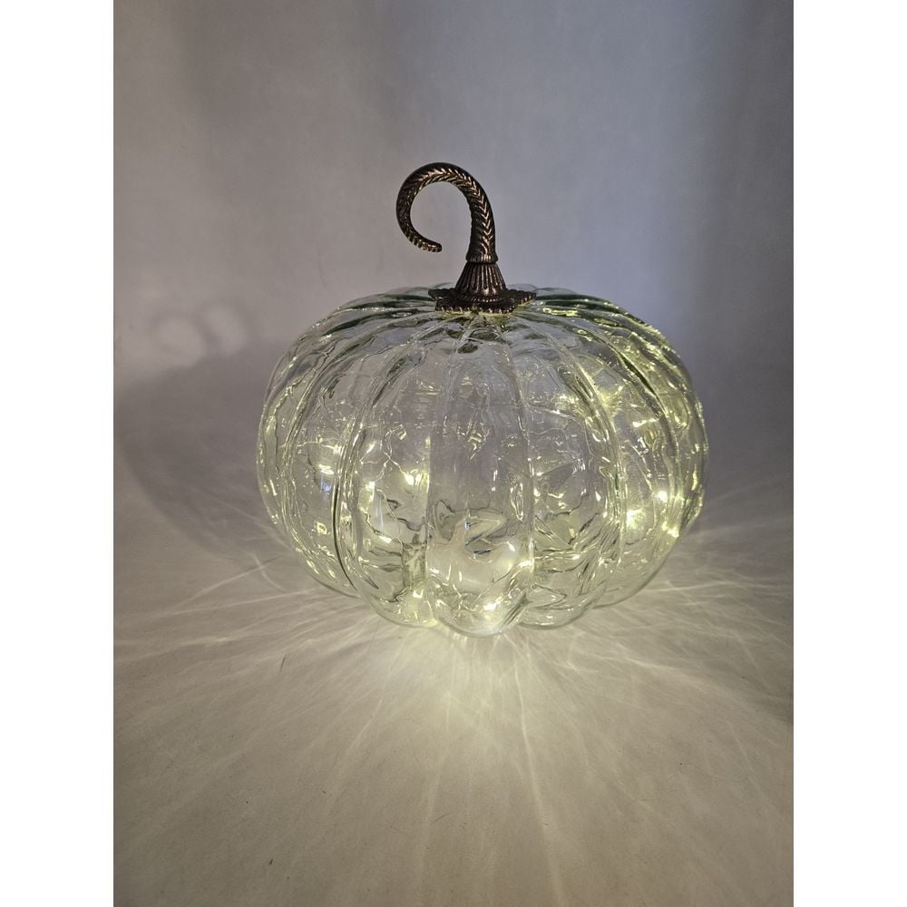 Apothecary Style Bubble Glass Pumpkin LED Light Silver Metal Stem Fall 9