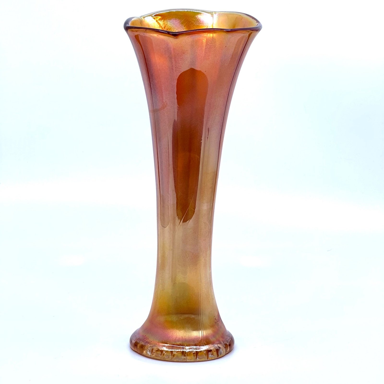 Vintage Imperial Glass Marigold Carnival Smooth Panels Opalescent Swung 8” Vase