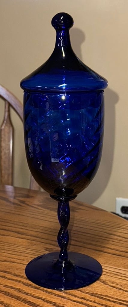 Empoli Twisted Stem Swirl Optic Blue Glass candy dish with circus tent lid 12