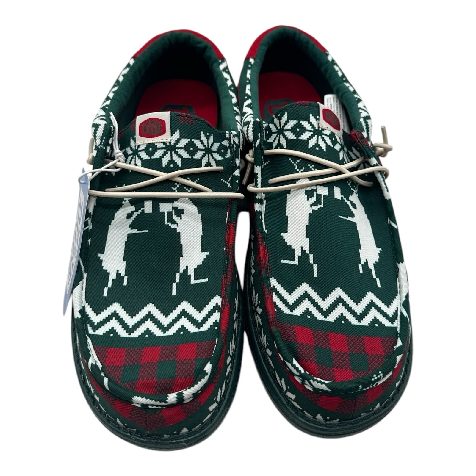 Hey Dude Wally Holiday Cheers Slip On Loafers Mens 13 Green Christmas Deer Print