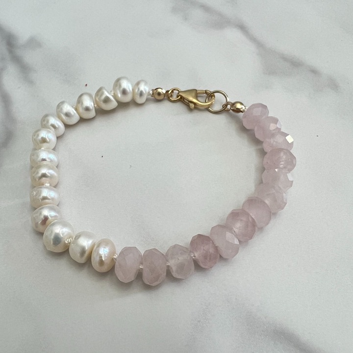 Pearl and Rose Quartz Hand Knotted Beaded Bracelet Gold Filled Clasp
