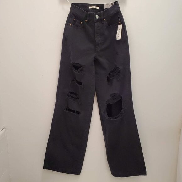 PacSun Abyss Black Baggy Jean Button-Fly Distressed Wide Leg Colored Denim - 23