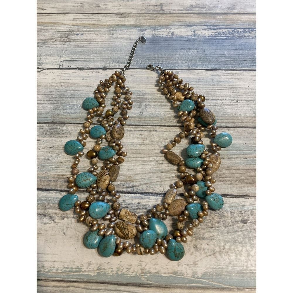 By GRACE Turquoise Freshwater Pearls Necklace 18 BLue Brown NWOT