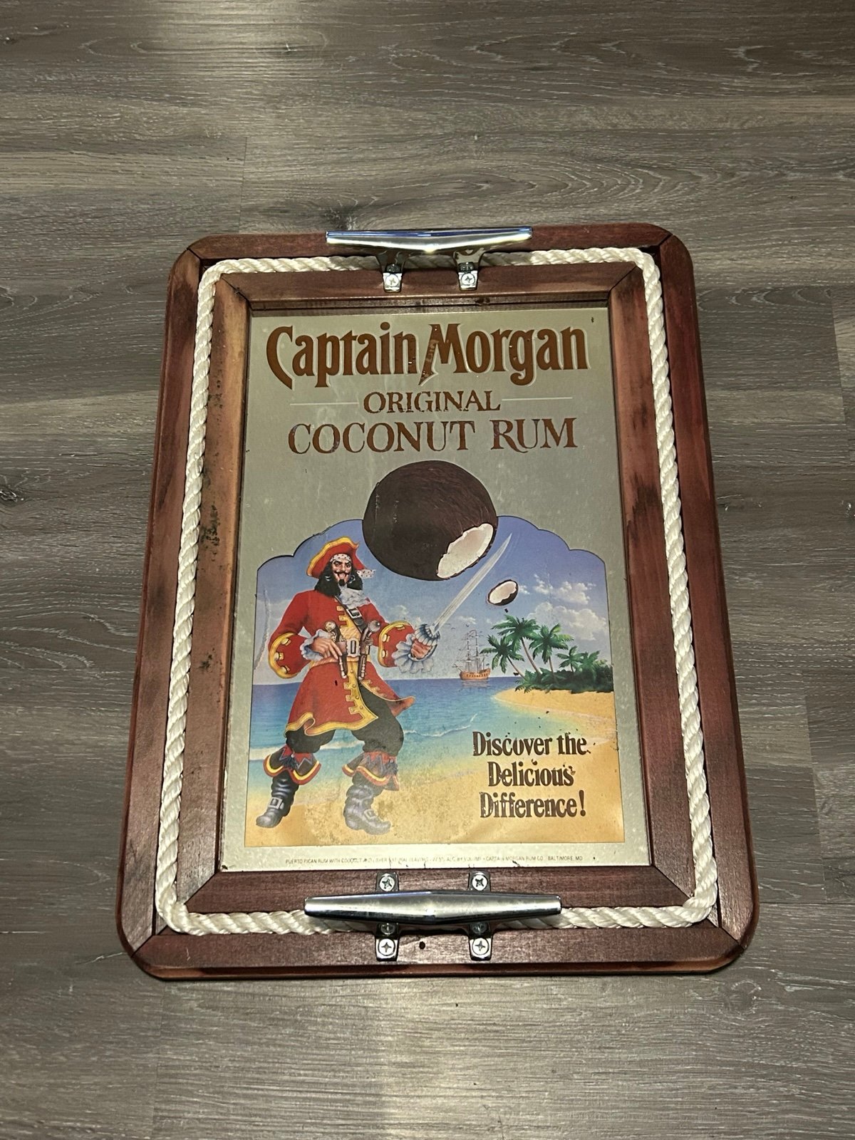 VTG Captain Morgan Original Coconut Rum Glass Bar Mirror Wooden