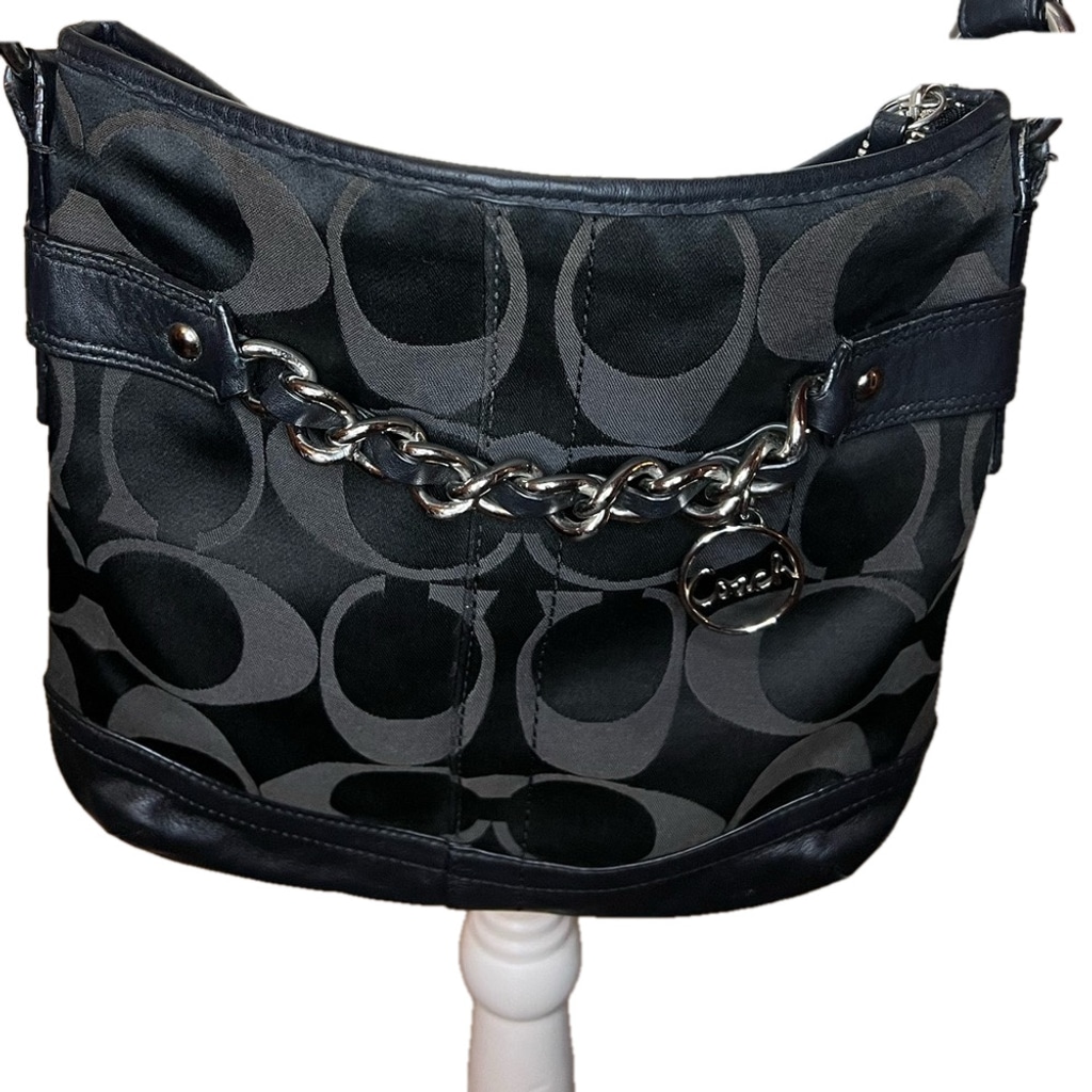 Coach Black Signature Optic Silver Chain Shoulder Bag Purse