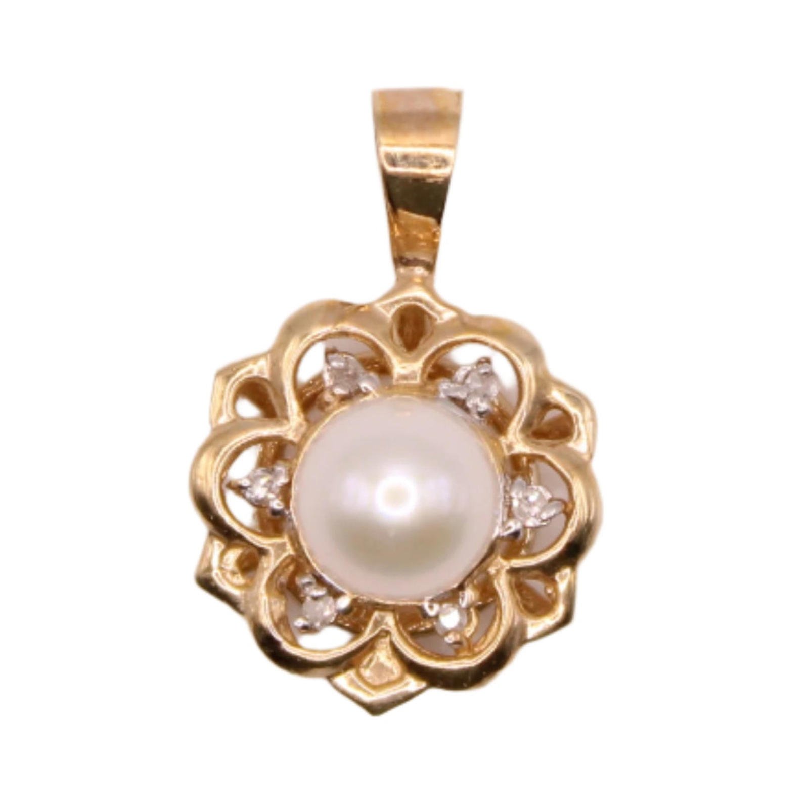 Vintage 10kt Yellow Gold Diamond Pearl Mandala Floral Flower Pendant