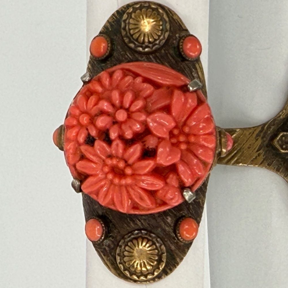 Antique Nemco Czech Molded Glass Adjustable Ring Brass-Tone Circa 1935