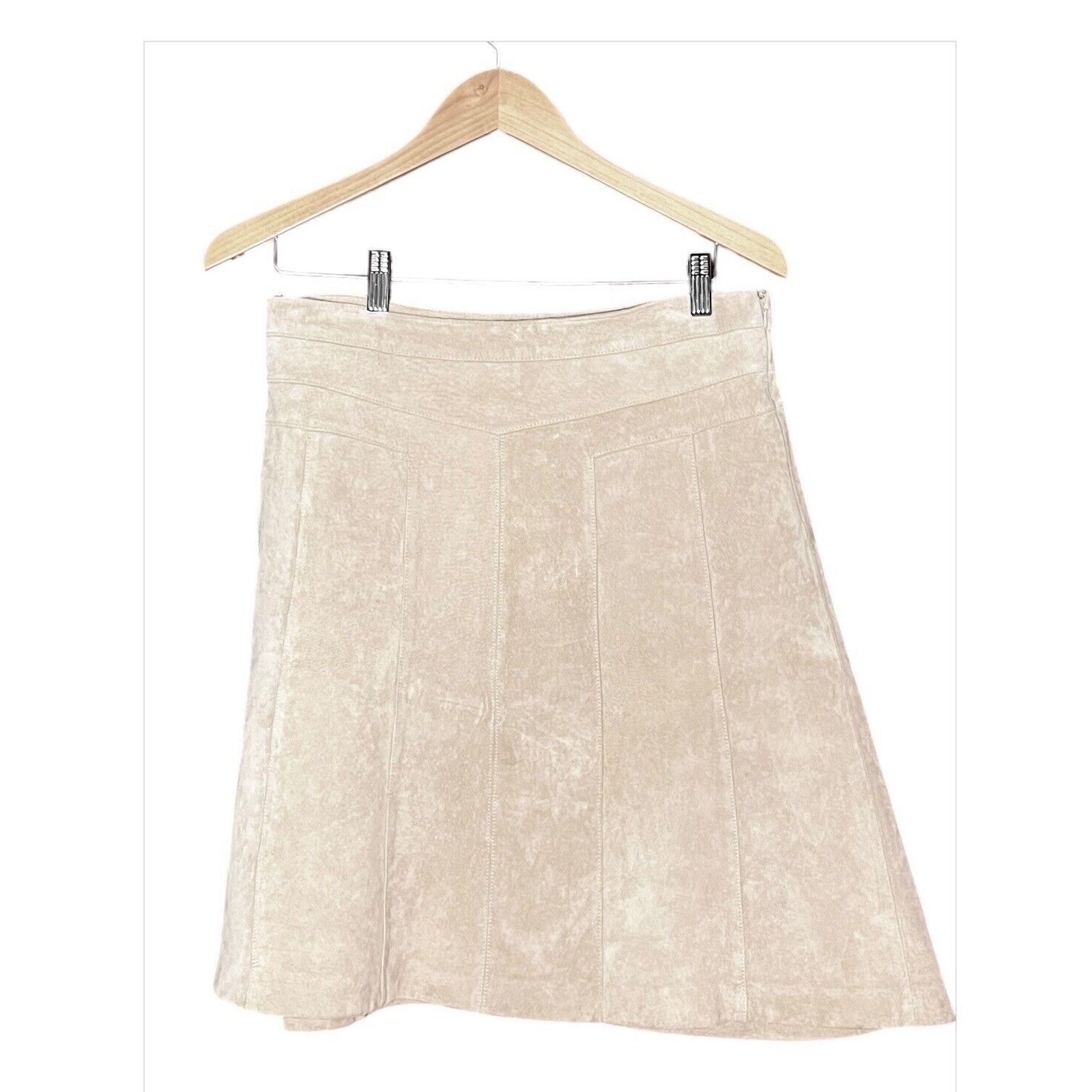 ANN TAYLOR LOFT BEIGE 100% SUEDE LEATHER ALINE SKIRT SIZE 8 ASYMMETRICAL HEM