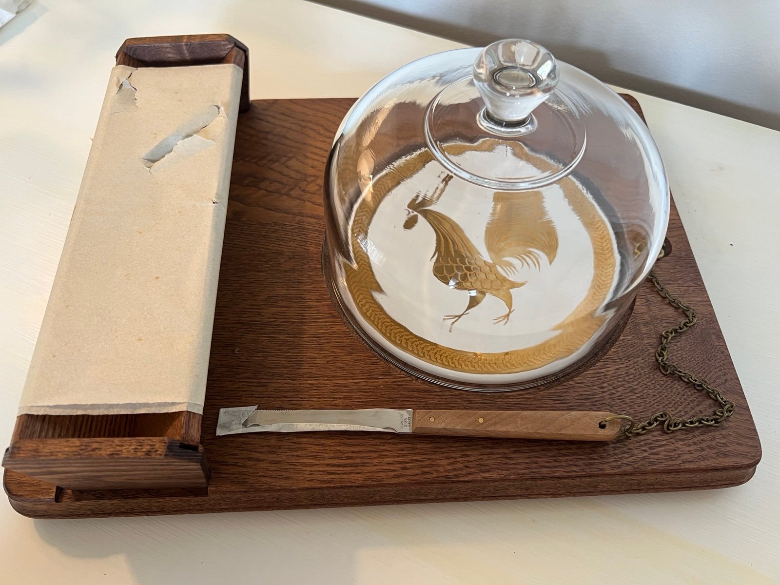 Vintage Teak Wood Cheese Board Rooster Glass Dome Knife Japan Mid Century