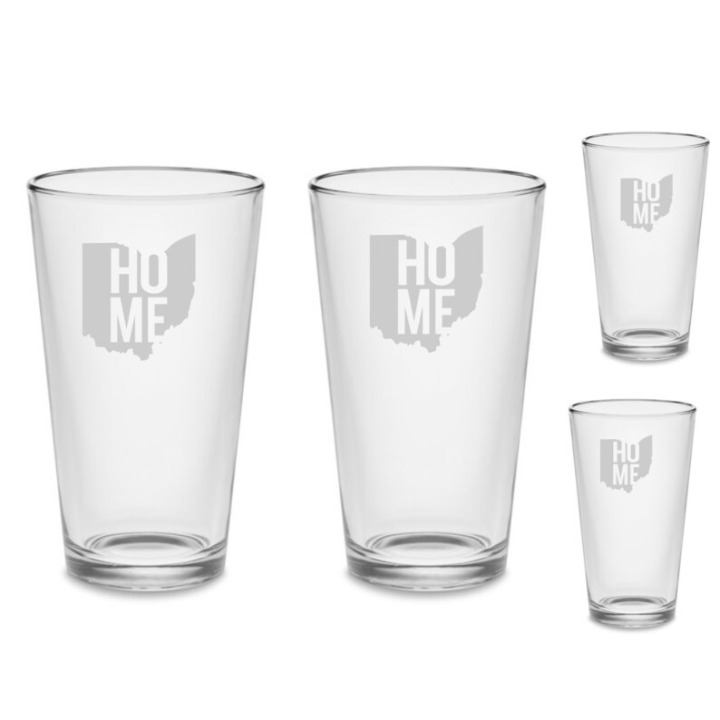 SET of 4 Ohio OH Home Custom Pint Beer Etched Glasses Pub Barware
