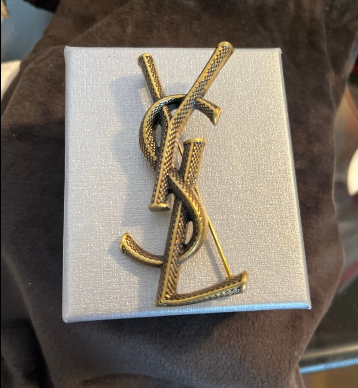 Vintage Gold Tone Textured Ysl Brooch 2.75”