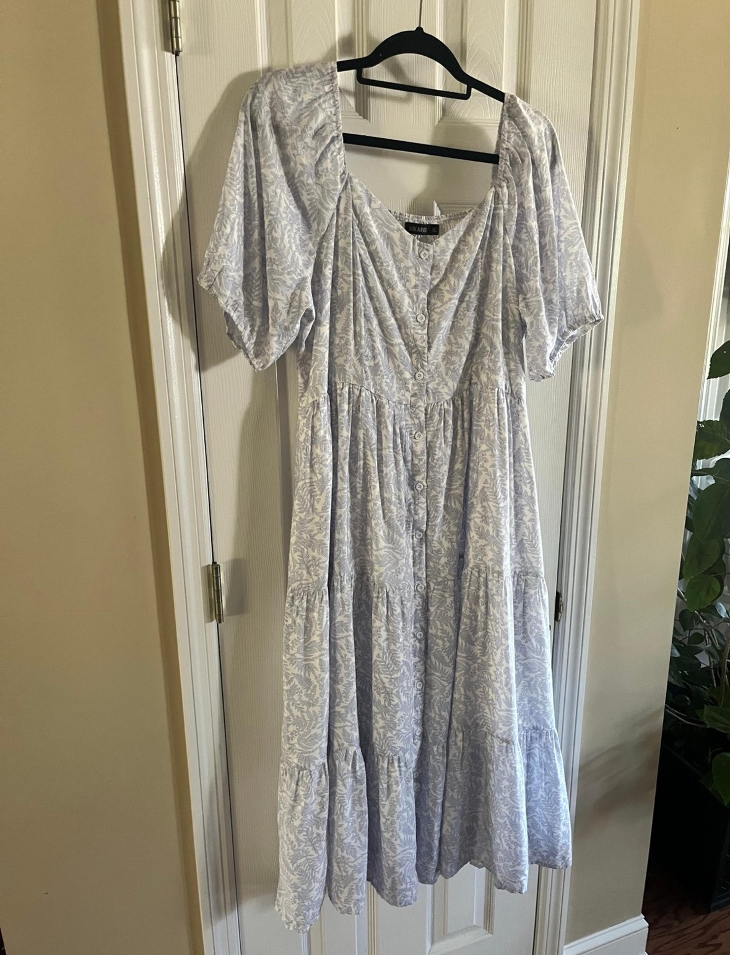Mikarose Tiered Floral Blue & White Dress XL Grandmillenial