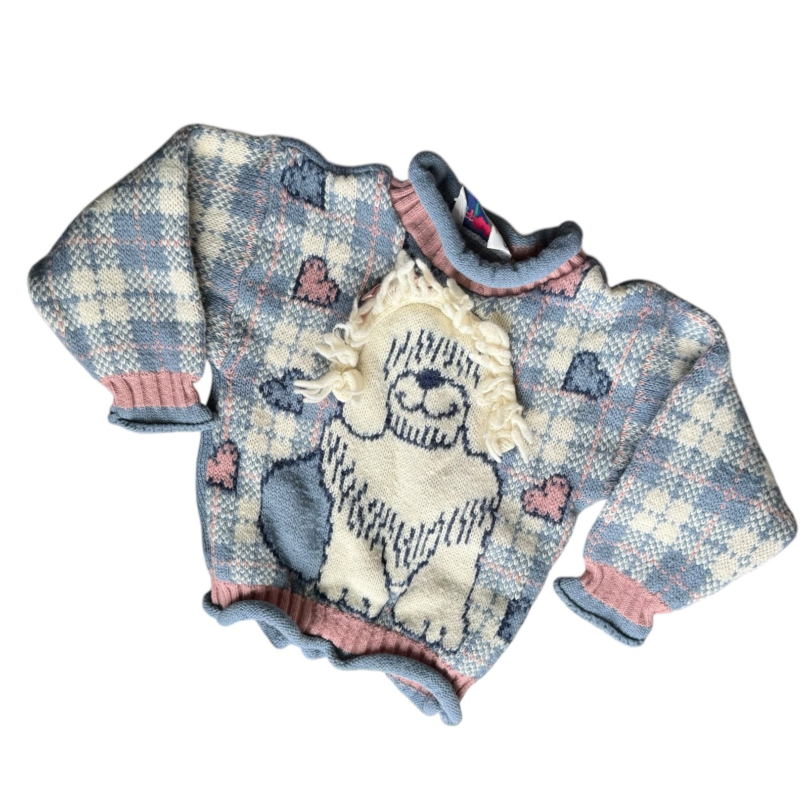 Vtg 80s heartworks blue plaid pink sheepdog roll neck sweater girl size 5 hearts