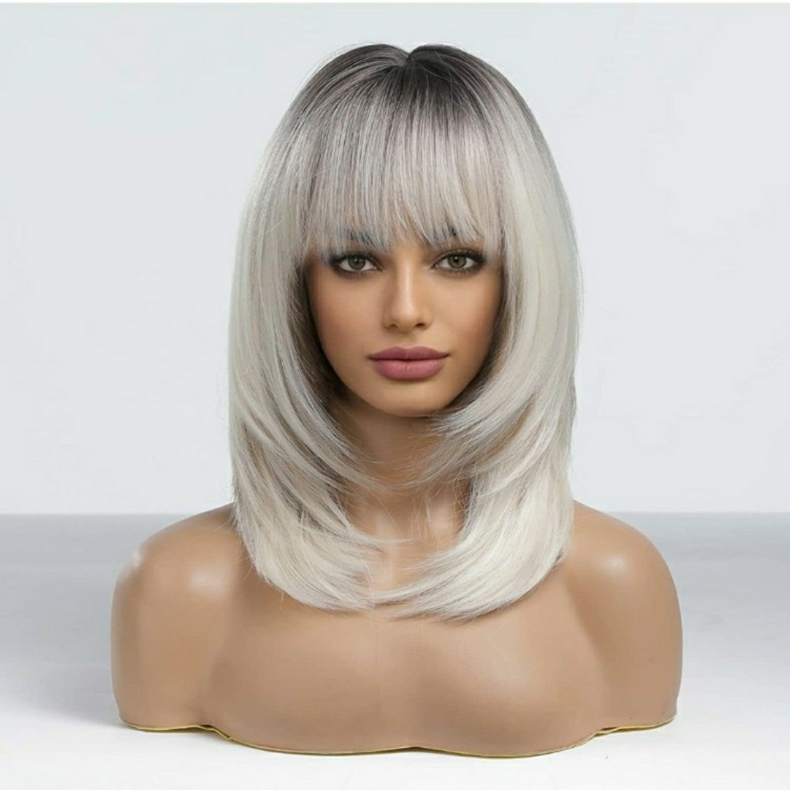 Platinum Silver Blonde Ombre Shadow Root Wig - Layers and Bangs women shag