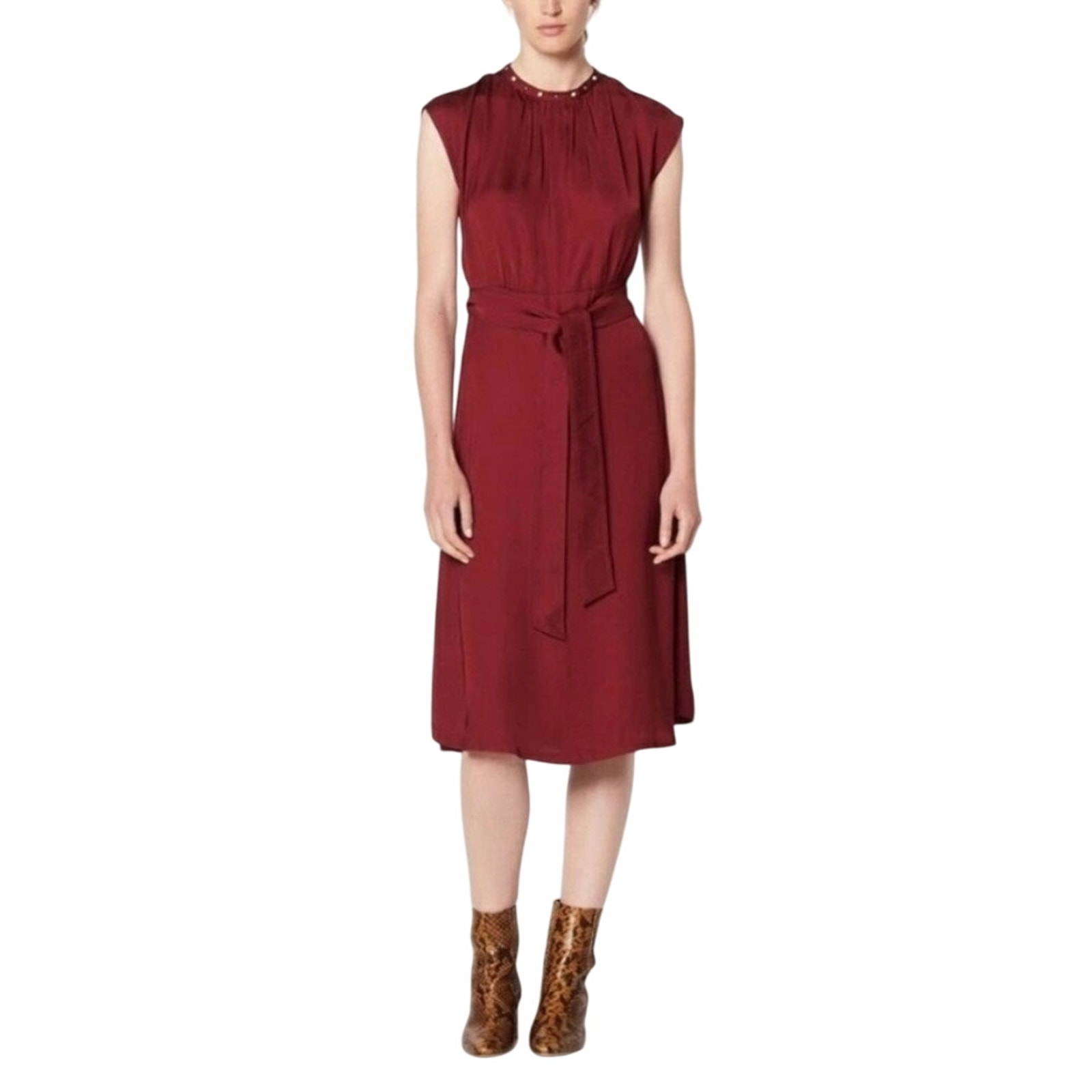 Sandro Conique Merlot Burgundy Embellished Neckline Midi Dress Women’s EU 36