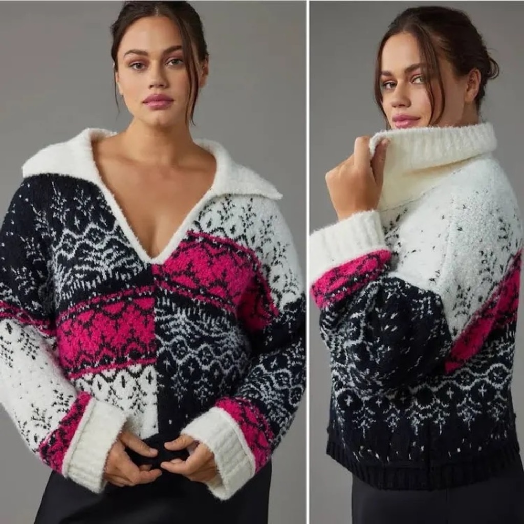 Anthropologie Pilcro V-Neck Fuzzy Printed Popover Sweater Black Multi Size 3X