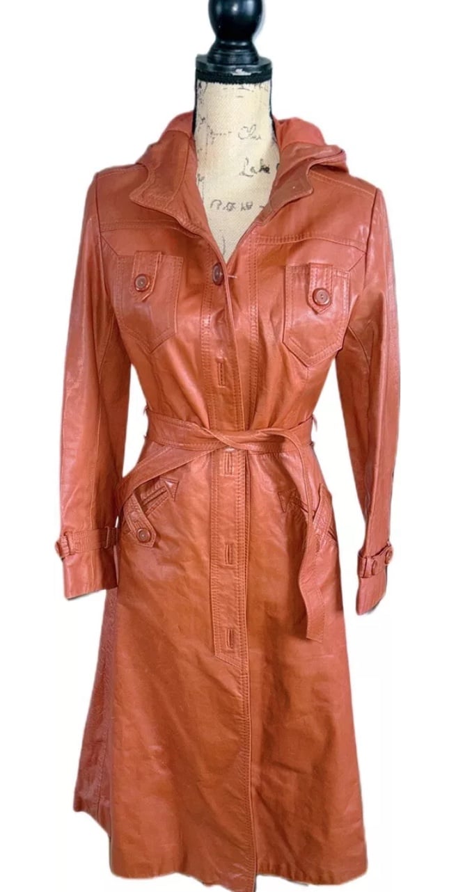 Vintage 70s Leather Hooded Trench Coat With Belt Orange Size 7-8 Medium