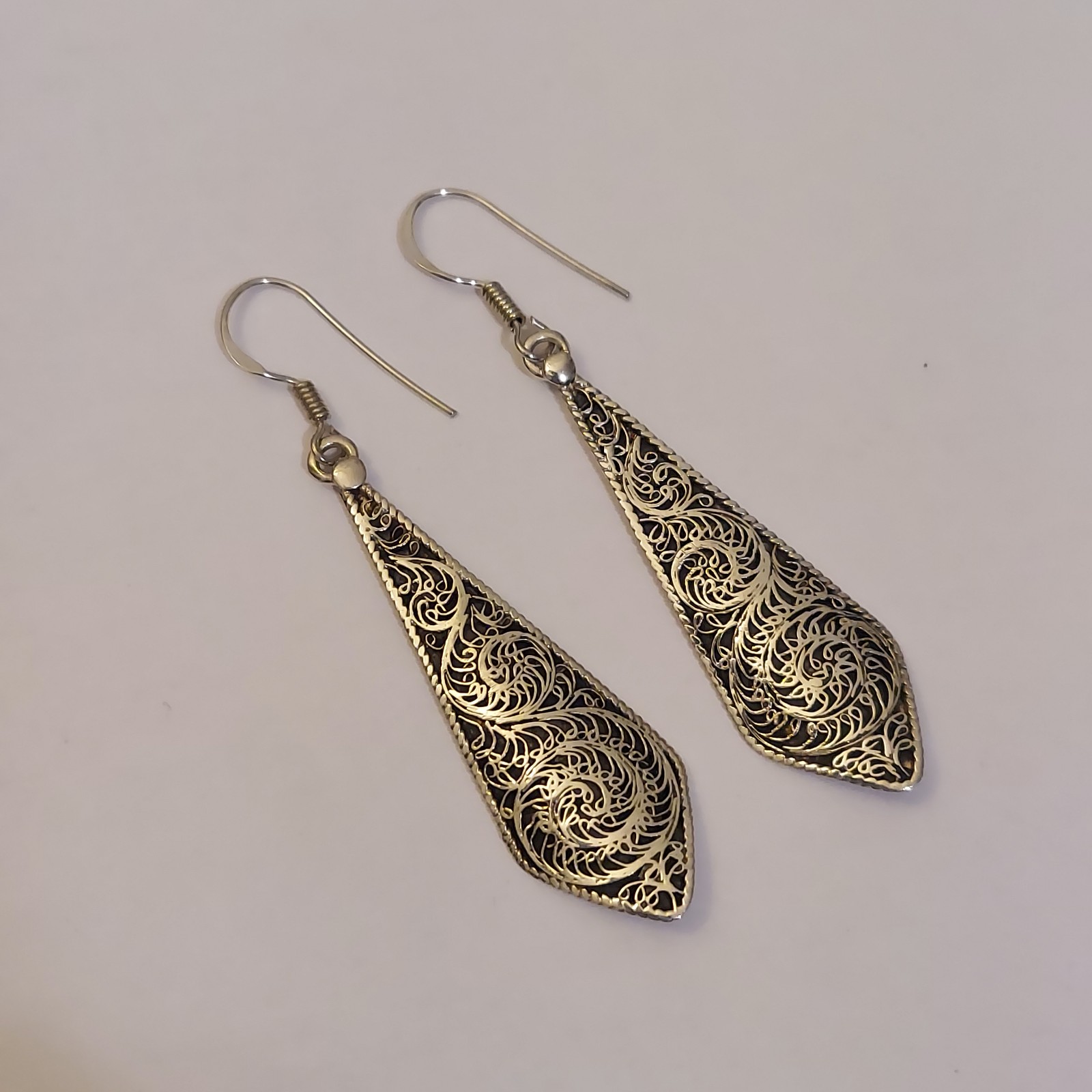 Vintage 925 Sterling Silver Filigree Large Teardrop Dangle Earrings