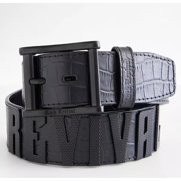 Rock Revival Gator Leather Belt Mens 36 Black 1 1/2 Metal Stud Lettering Logo