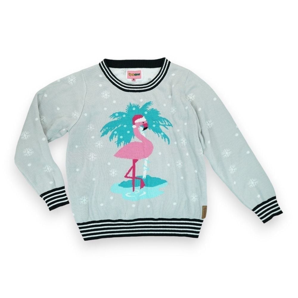 Tipsy Elves Gray Pink Flamingo Christmas Women's Sweater XL Long Sleeve