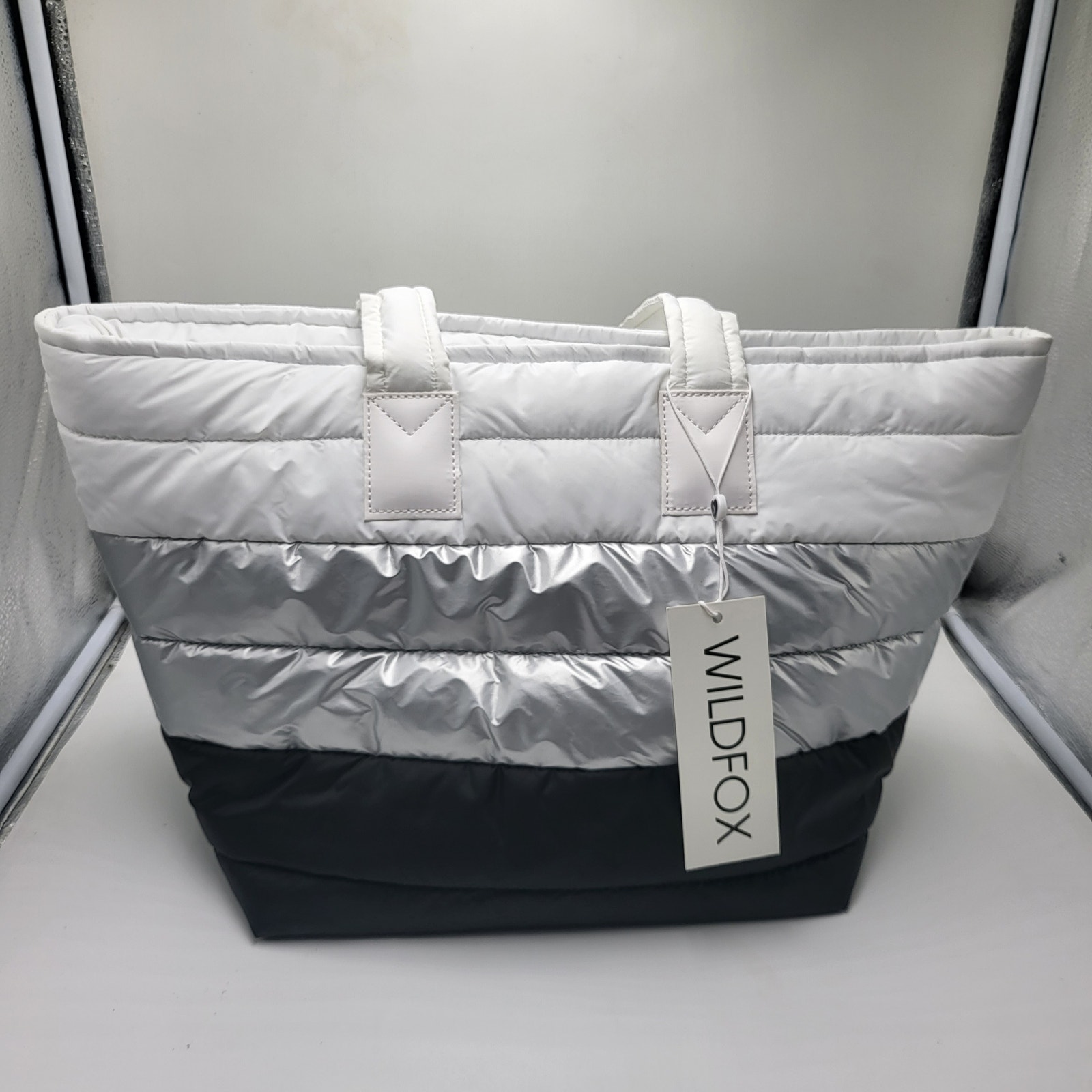 WILDFOX NWT black white silver colorblock zip top tote