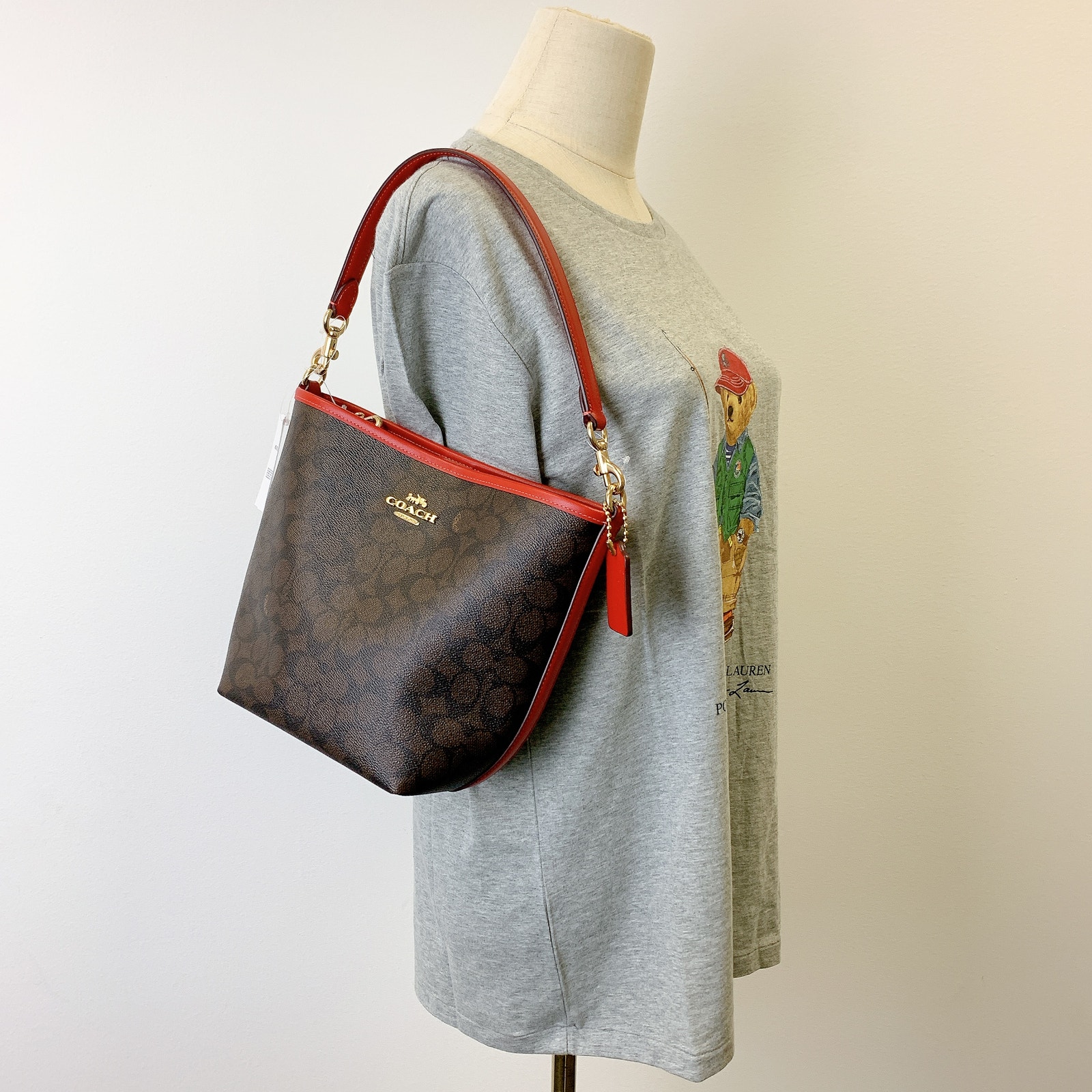 Coach CT800 City Bucket Bag In Signature Canvas IN WALNUT BOLD RED