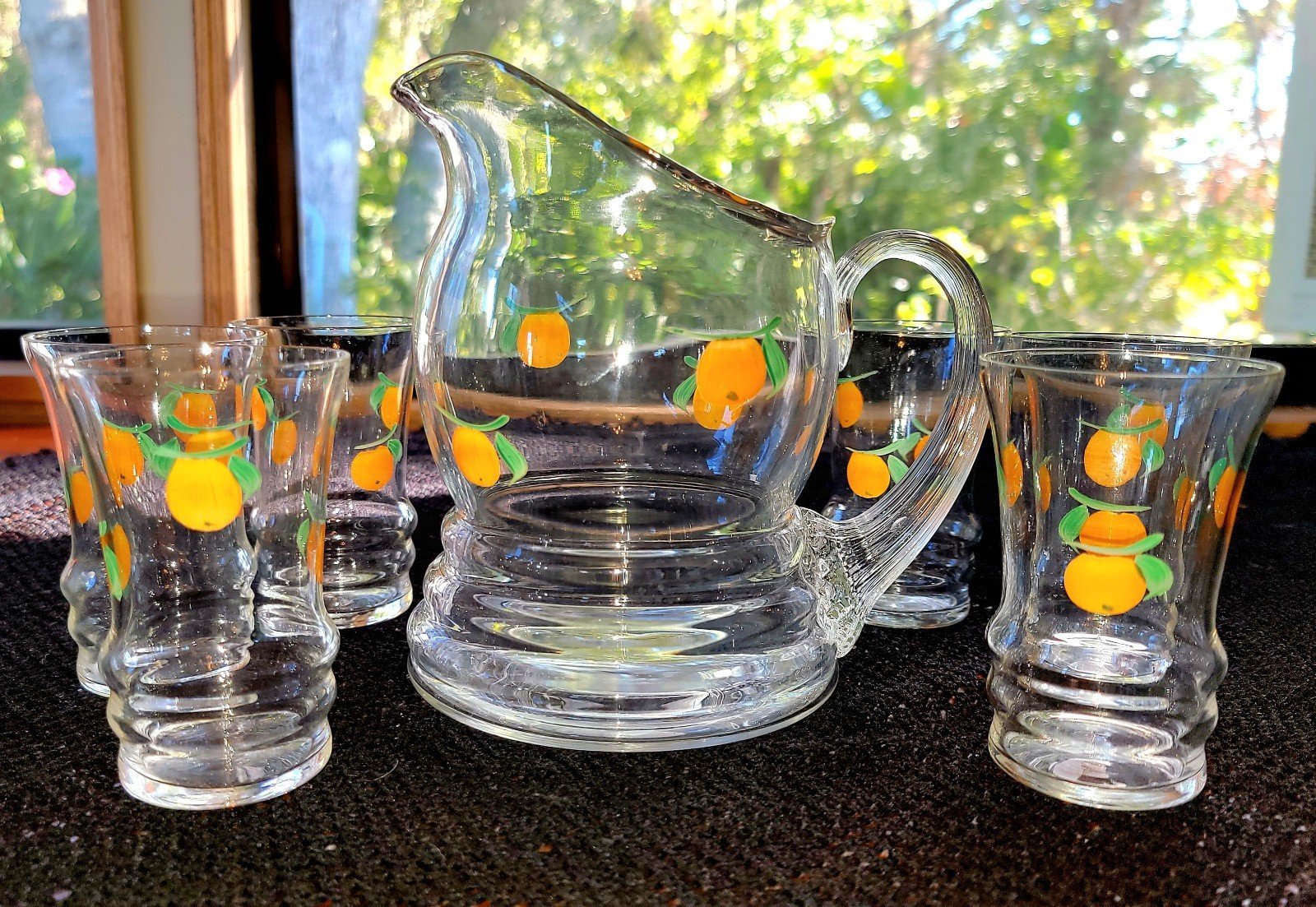 Vtg 1930s Dunbar Glass, Glendale Orange Juice Pitcher w/ Reed Handle & 6 Tumble