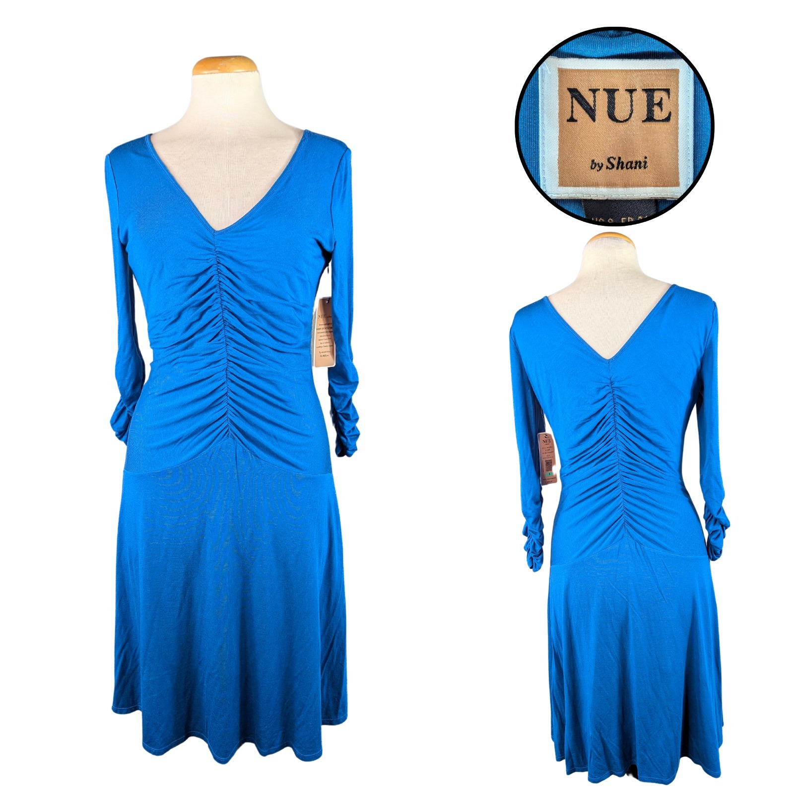 NUE by Shani Dress Womens Peacock Blue V-Neck Ruched Cocktail 250 Size 8 NWT