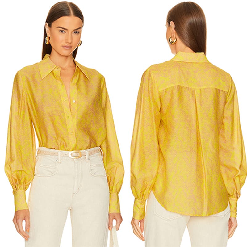 NWT L'AGENCE Jayleen Printed Long Sleeve Button Down Yellow Blouse Top