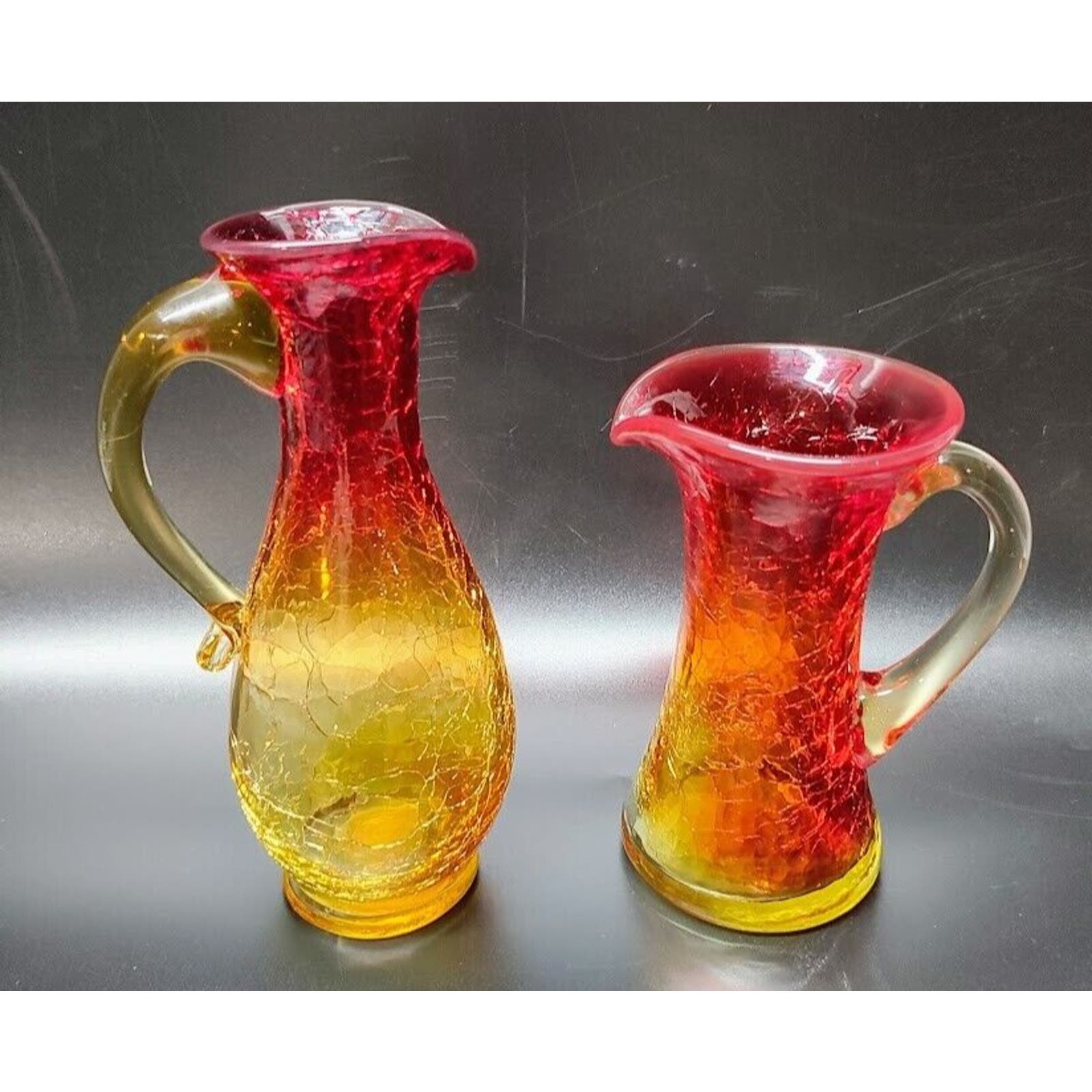 Vintage Amberina Pitcher/Bud Vase's Crackle Glass 5.5 & 4 Tall. GLOWS