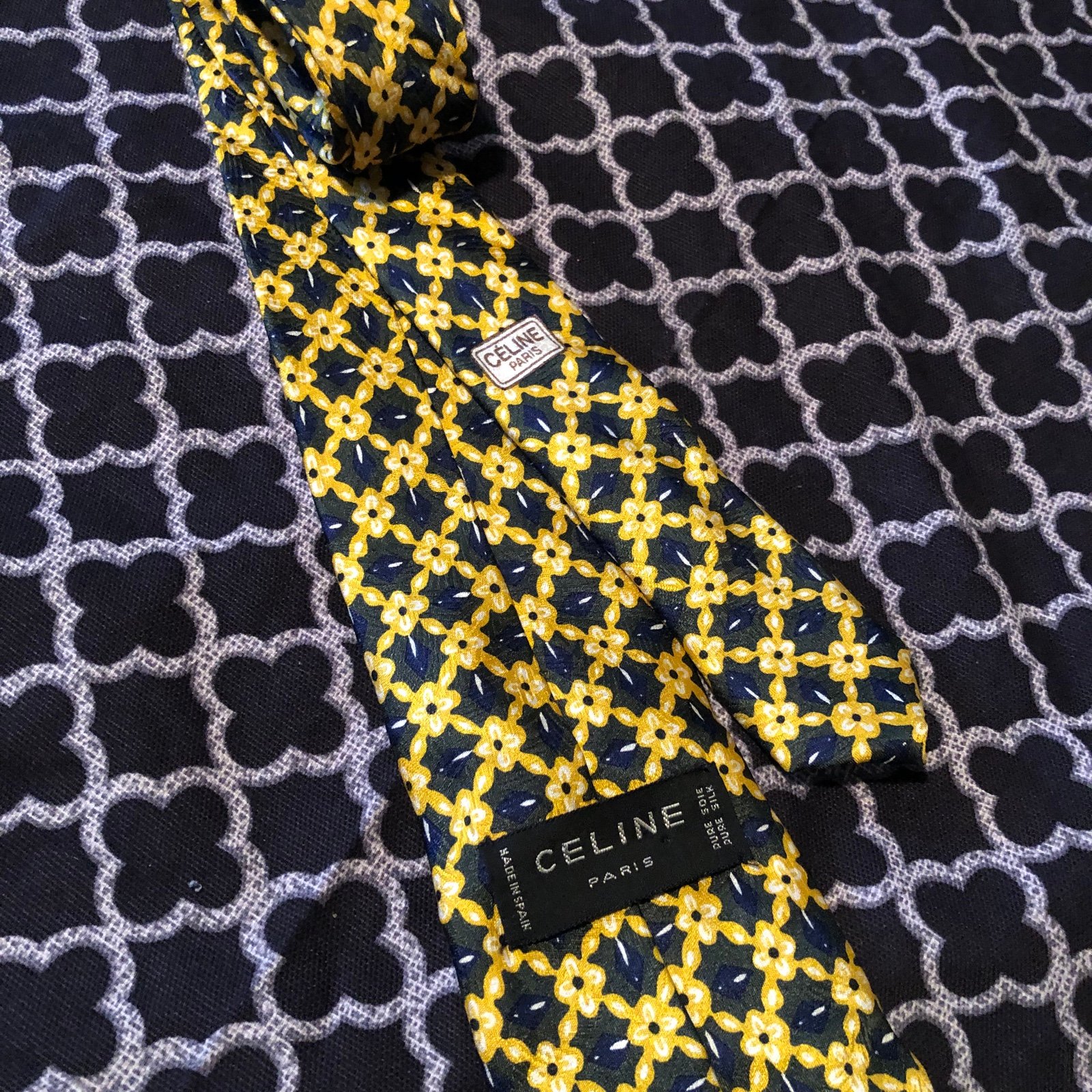 Celine Paris Vintage 100% Silk Neck Tie Yellow Green Geometric Design Spain B30
