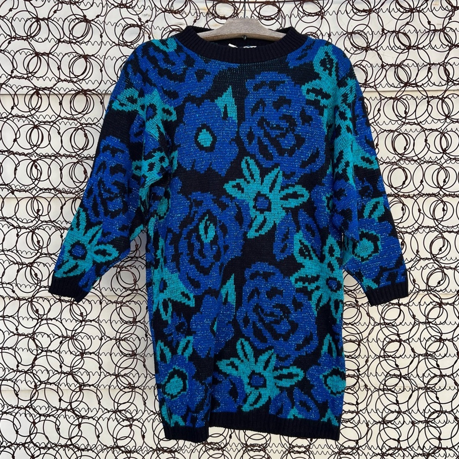 Vintage 80s 90s Metallic Floral Blue Black Knit Tunic Sweater S/M