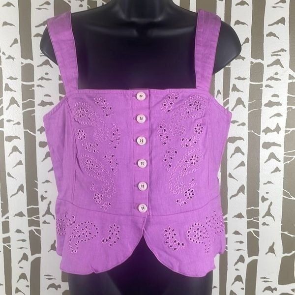 NEW Free People Linen Eyelet Button Front Cropped Tank Top L Electric Bloom