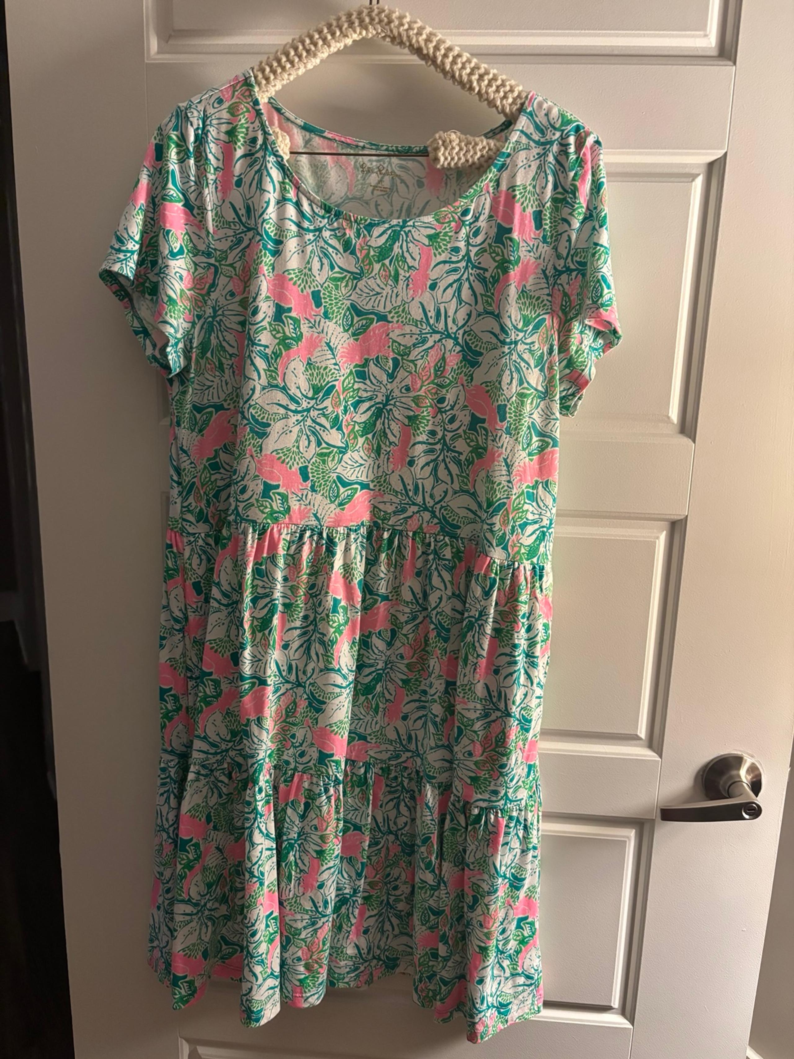 Lilly Pulitzer Geanna Short Sleeve Swing Dress Botanical Green Just Wing It XL