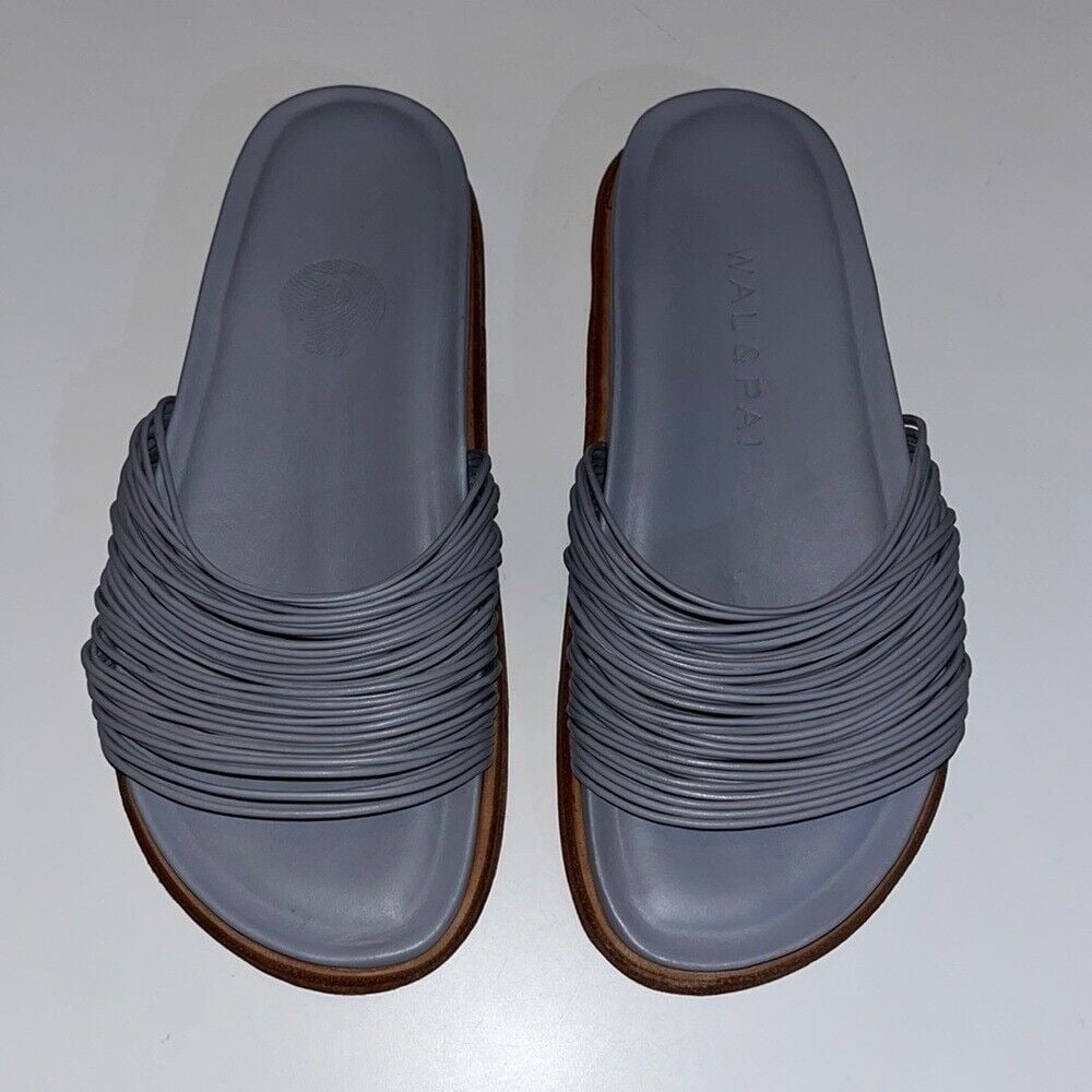 Wal & Pai Women's Blue-Gray Alcove Leather Slide Sandals Sz 39 Strappy Slip On