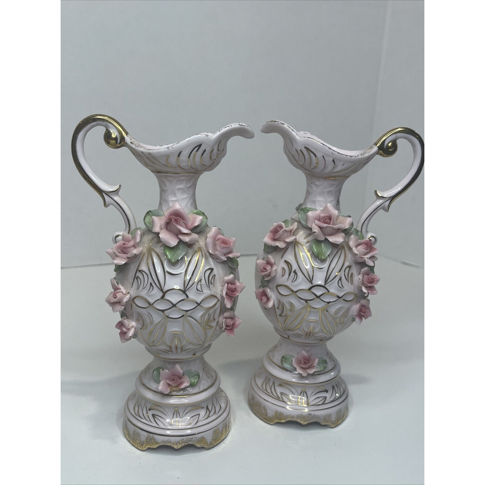 Vintage Lefton China Pink Roses Pitcher Vase Pair See Description