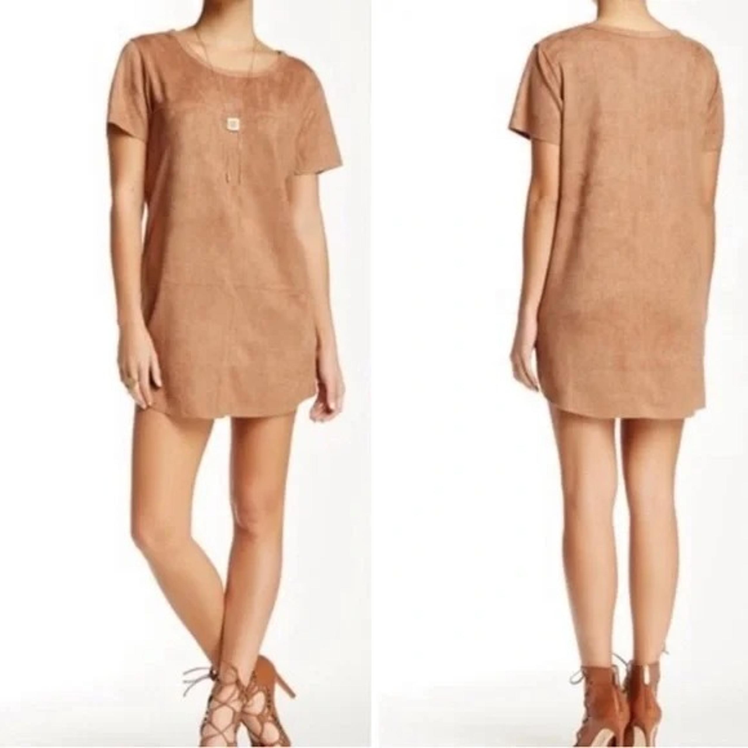 MINKPINK S Tan Vegan Faux Suede Short Sleeve Shift Dress